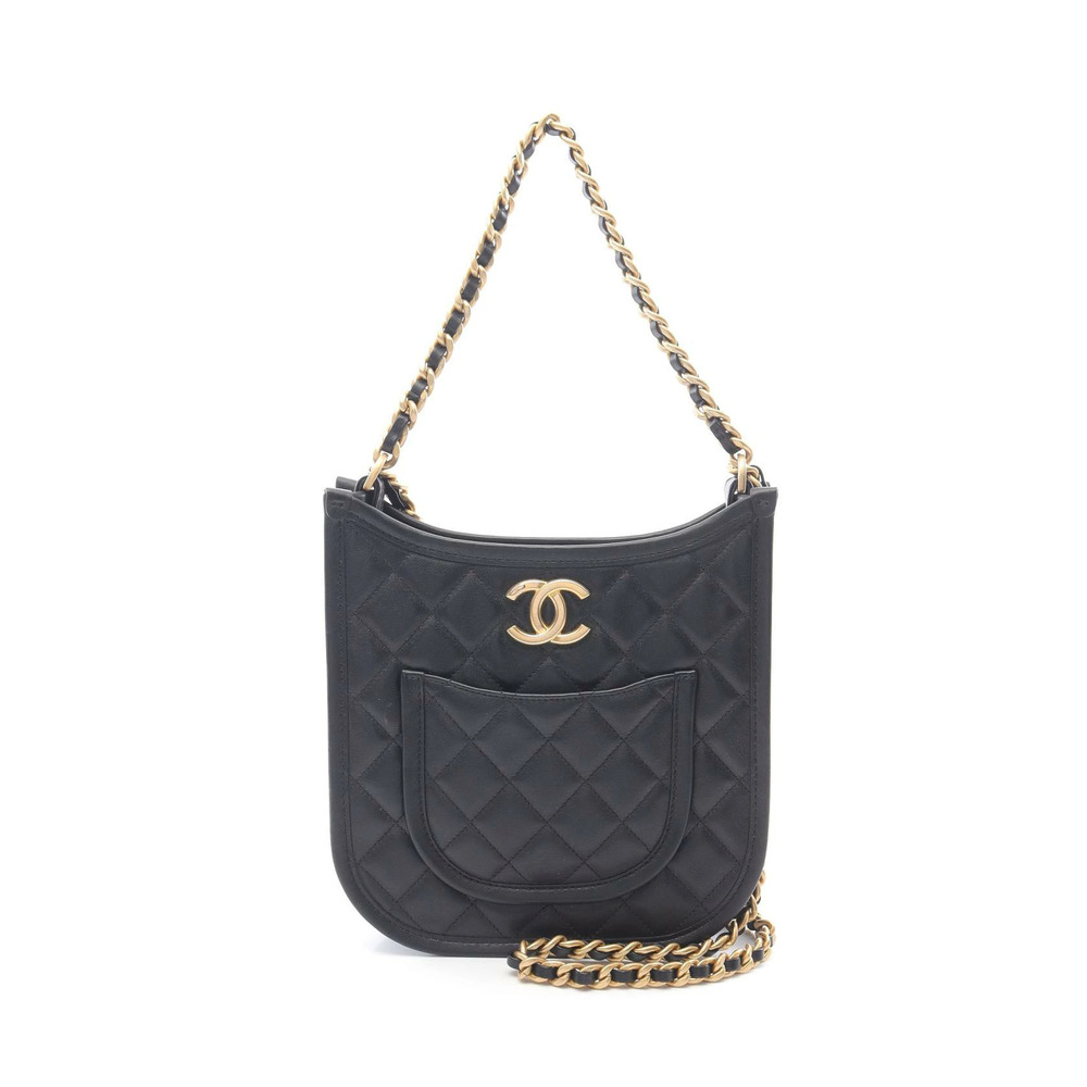 Chanel Matelasse Hobo Shoulder Bag Lambskin Sheepskin Black